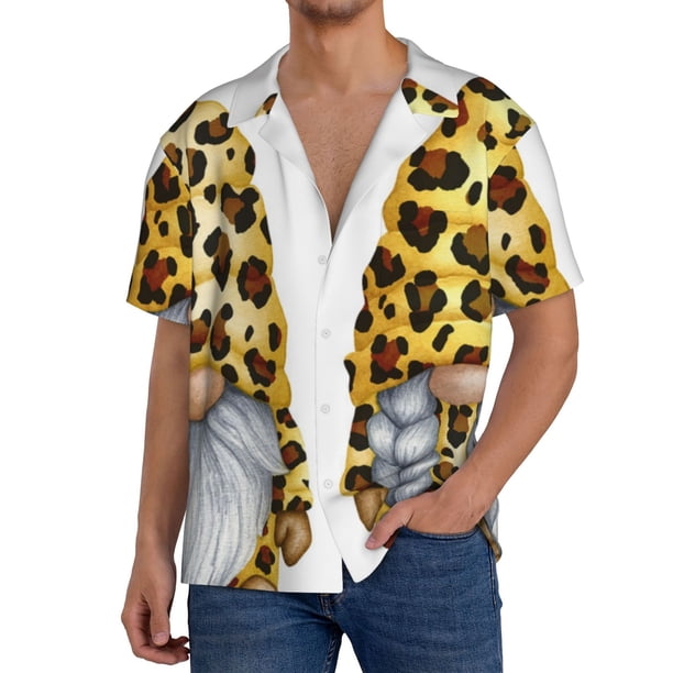 Fotbe Leopard Gnomes Camisa Estampada de Manga Corta para Hombre, Casual de Verano, Estilo Playero, Sin Arrugas-Small