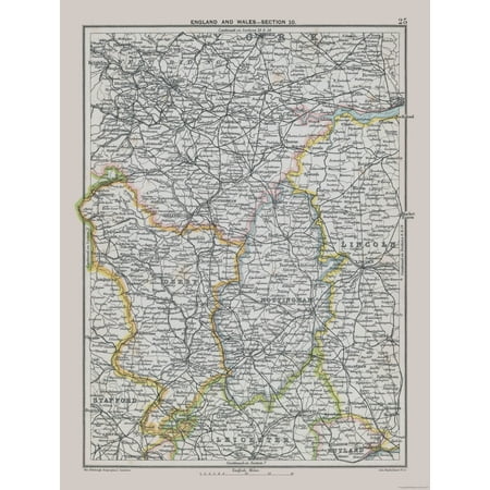 Historic Map - East Midlands England - Bartholomew 1892 - Vintage Wall Art