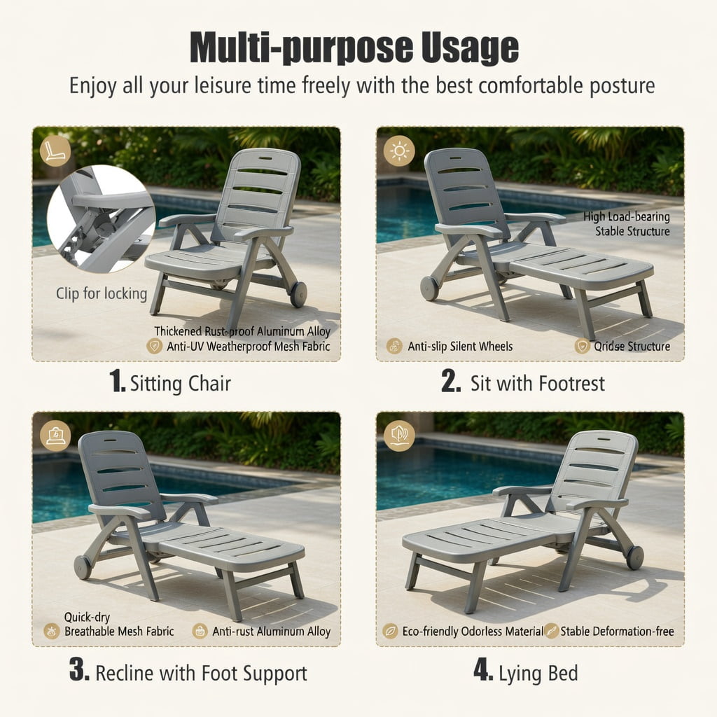 Hommoo 5-Position Adjustable Outdoor Folding Chaise Lounge Chair, Heavy-Duty PP Patio Lounger with Dual Wheels, Gray