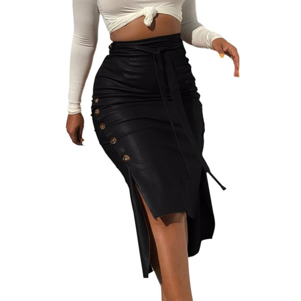 SUNSIOM Women High Waist Button Trim Slit Bodycon Leather Midi