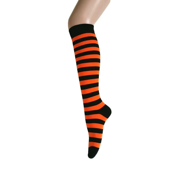 Zebra Stripes Knee High Tube Socks for Women and Girls in Black with Orange Color