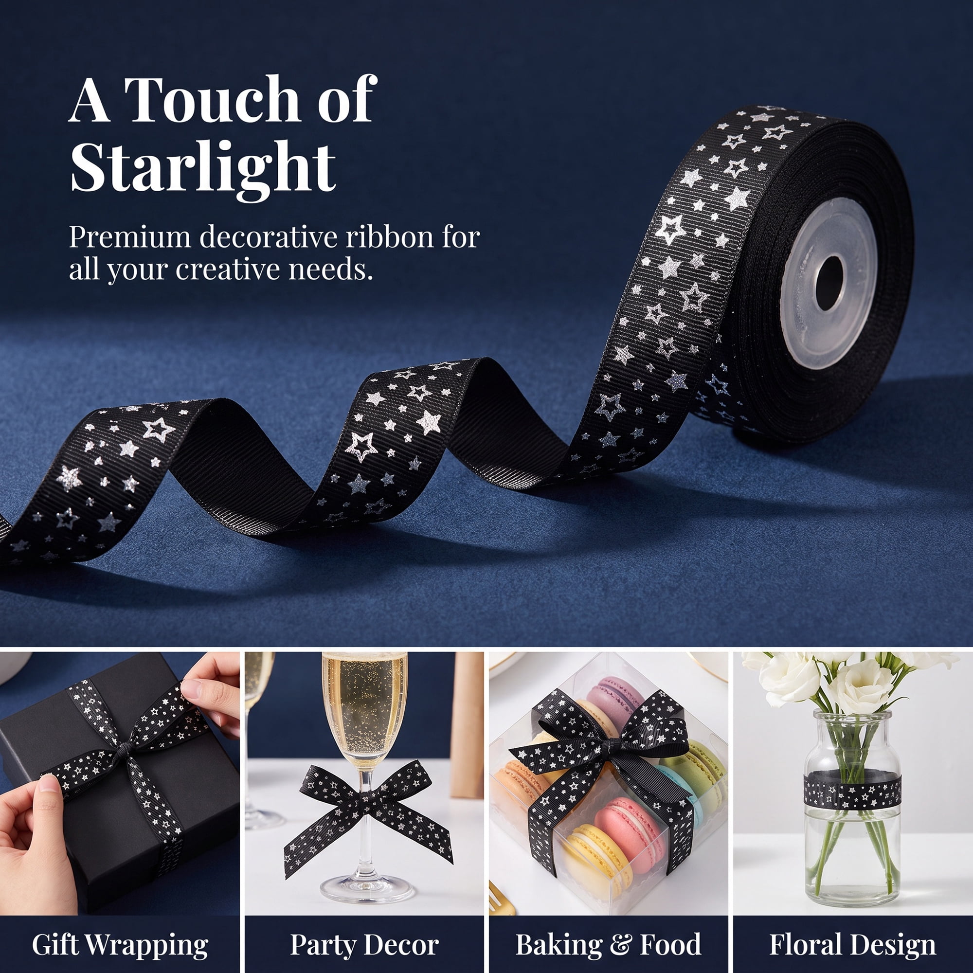 Unique Bargains Elegant Star Pattern Fabric Ribbon for Creative Presentations Black Star