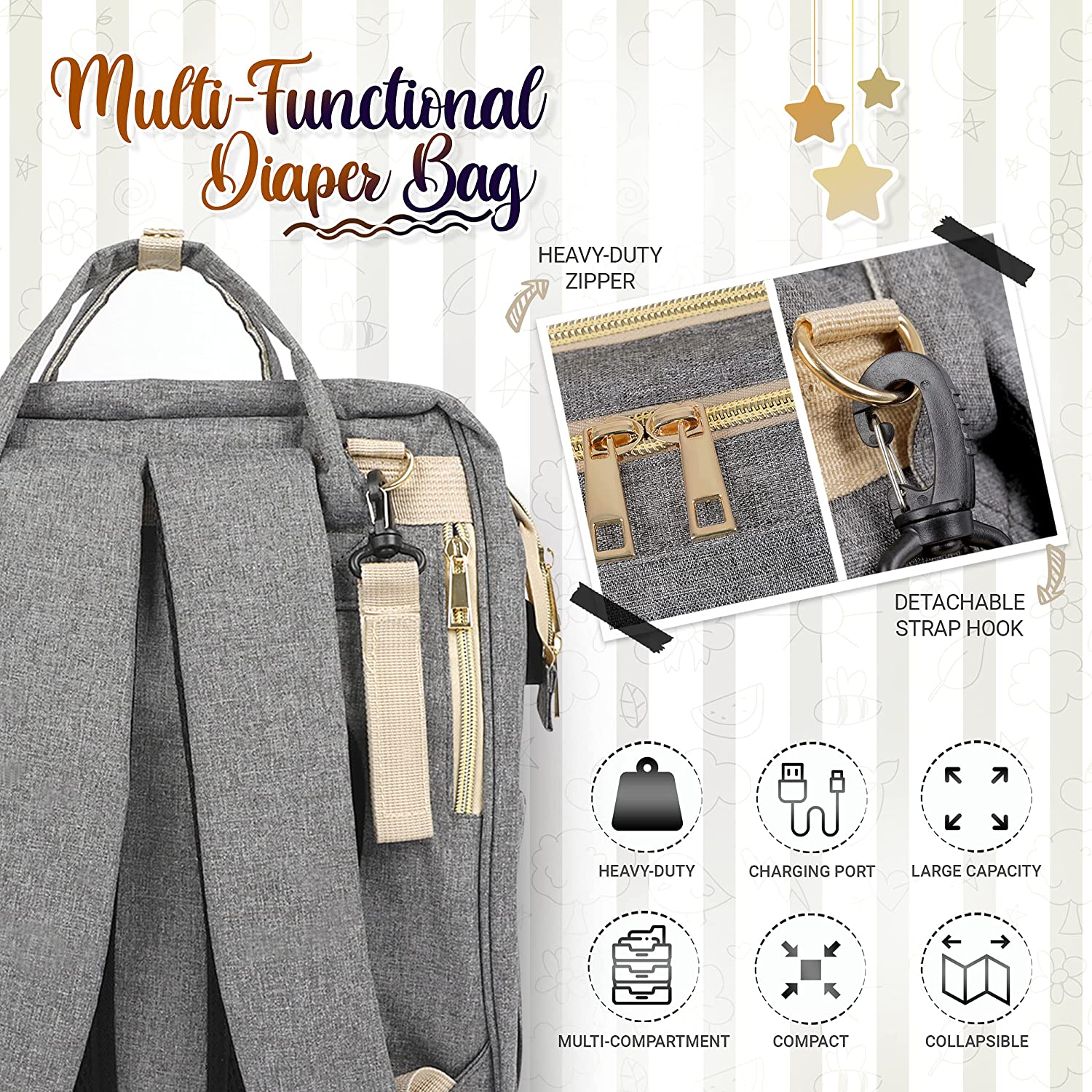 Baby Diaper Bag with Changing Station – Diaper Bag Backpack and USB Port, Insulated Bottle Bag, Mosquito Net, Sunshade – Comfortable and Stylish with Practical Stroller Hooks (Grey)