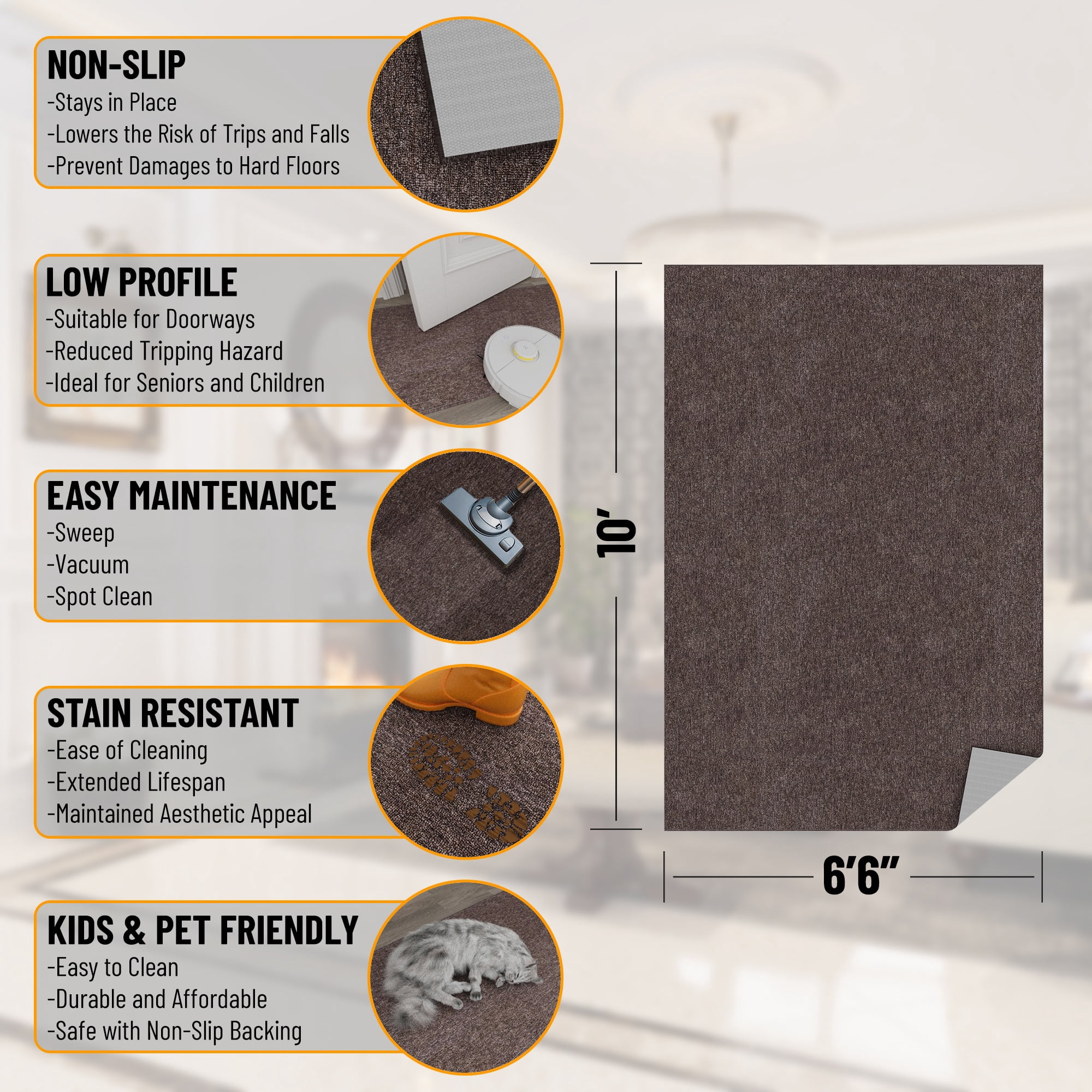 Ottomanson Non-Slip Area Rug for Living Room 6'6" x 10' Stain-Resistant Low Pile Floor Carpet, Brown