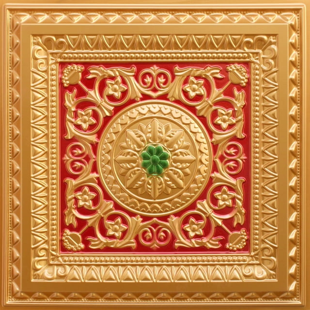 Dundee Deco Panneaux de Plafond à Colle Florale Victorienne Or-Rouge-Vert, 2 Pi X 2 Pi (60cm X 60cm), 4 Pi2 (0,37 M2) Chacun