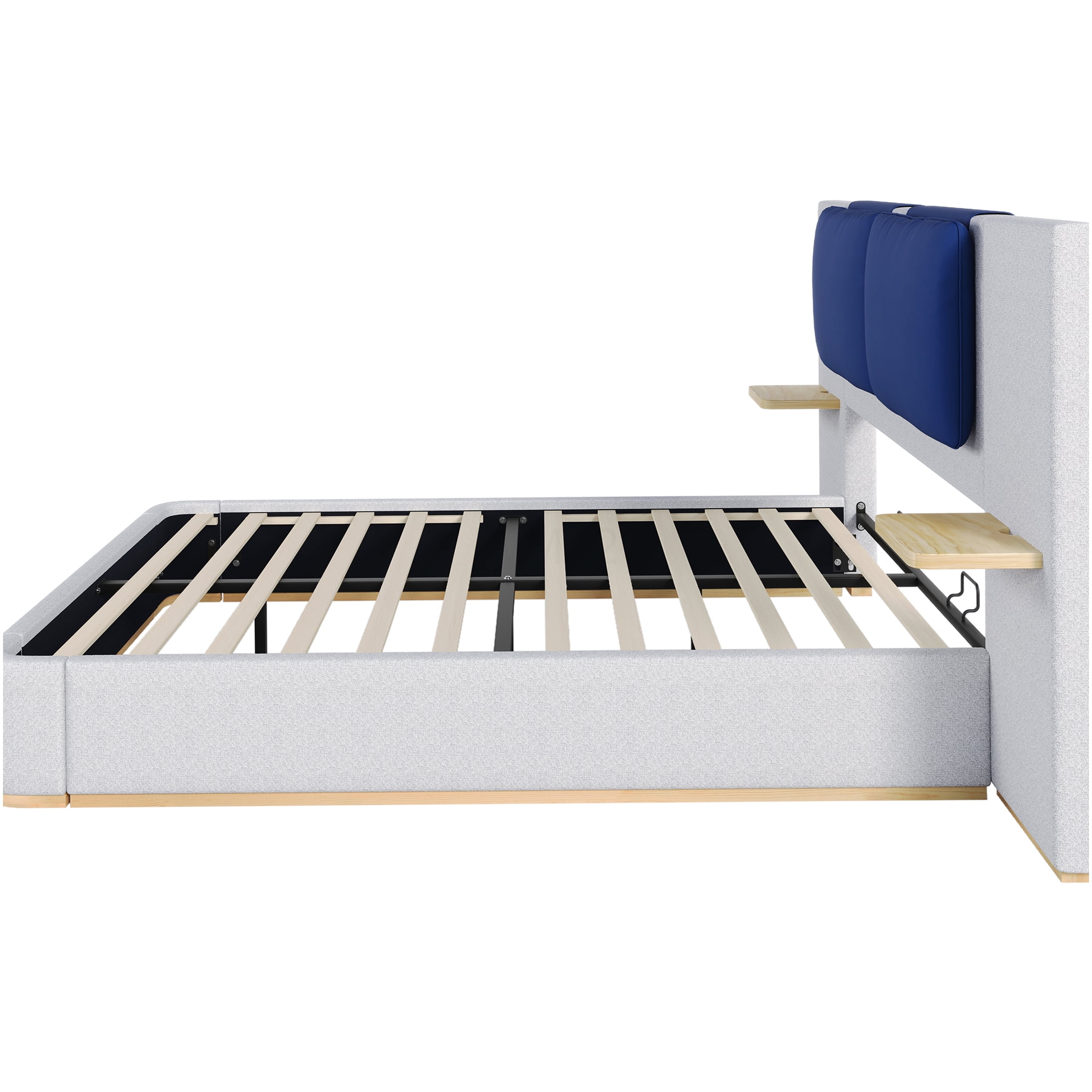 Queen Upholstered Storage Bed Frame with Shelves, Blue Grey Fabric Headboard, No Box Spring Needed, Noise Free Platform Bed
