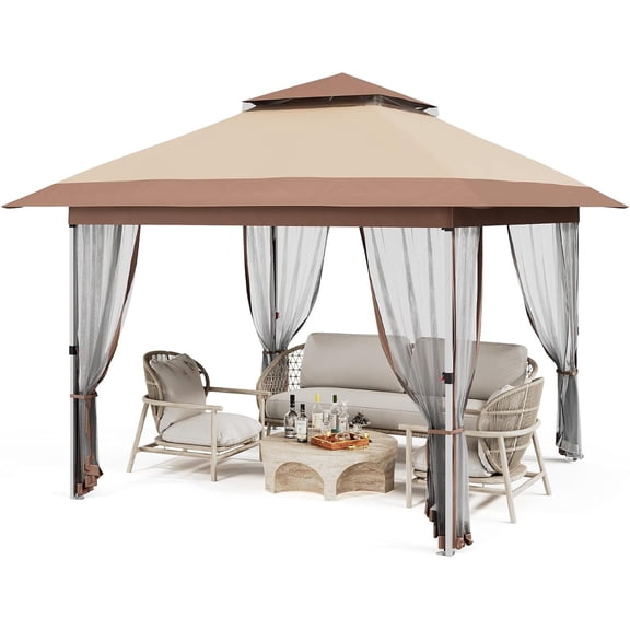 Senfot 12x12 FT Gazebo Canopy Tent with Mosquito Netting & Curtains, Adjustable Height & Wheeled Bag for Patio Garden Backyard