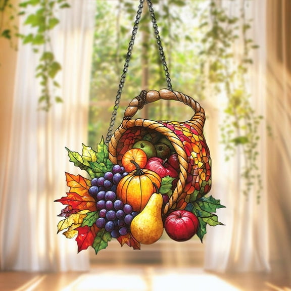 Acrylic Suncatcher Cornucopia Window Hanging Decoration Fruit Basket Stained Glass Style Home Accent