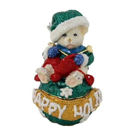 - Happy Holidays Teddy Bear Knitting Red Scarf Trinket Box