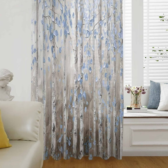 Blue Brown Forest Semi Sheer Curtains Drapes for Living Room, Bedroom, French Doors Window 72 Inches Long, Modern Oil Painting Art Rod Pocket Chiffon Curtain Drapery Voile Draperies Panel