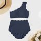 thumbnail image 5 of Trajes de baño Amzcrzy Tankini para mujer, trajes de baño Bikini Conjunto de traje de baño de dos piezas de cintura alta con un solo hombro para mujer con dobladillo ondulado Azul marino, L, 5 of 8