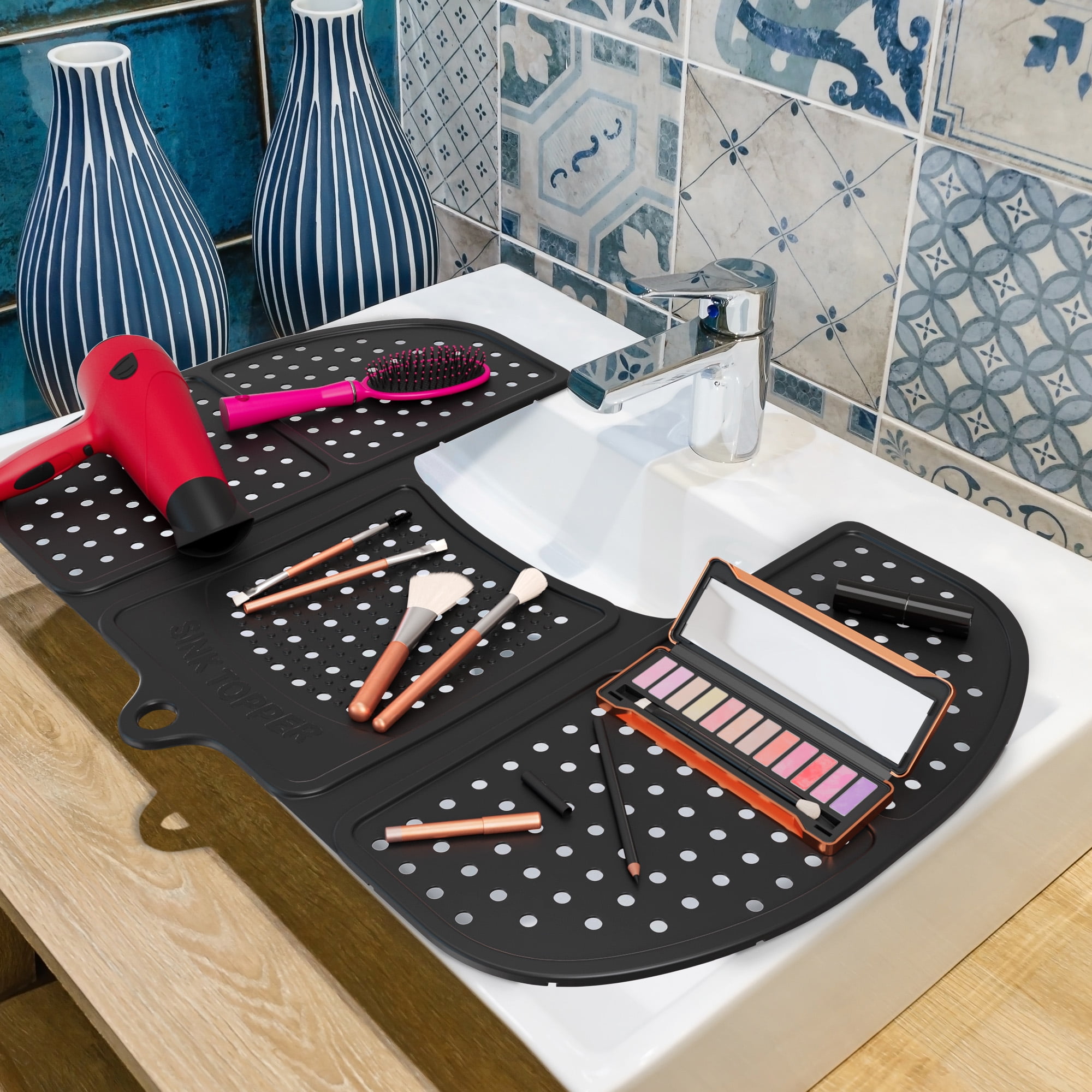 Bathroom Sink Covers for Counter Space - Foldable Sink Toppers Makeup Mat  with Suction Cup - Heat Resistant Silicone Mat with Storage Pockets, Space