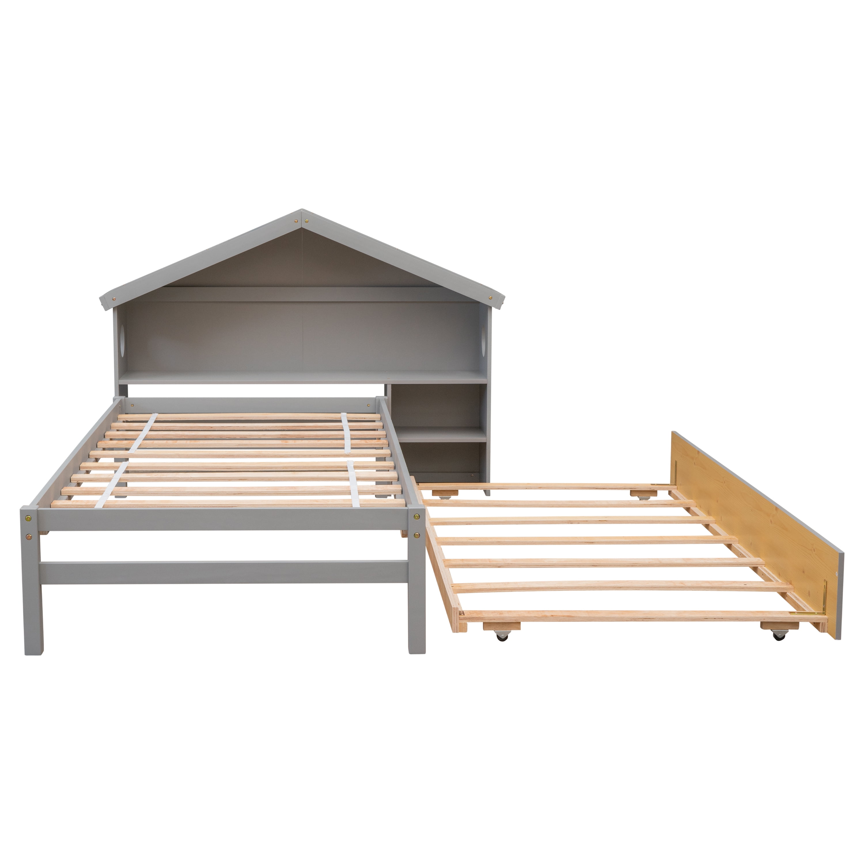 Euroco Wood Twin Size Platform Bed with Trundle and House Shelf for Kids, Grey