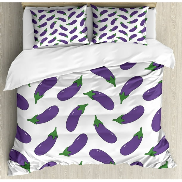 Eggplant Queen Size Duvet Cover Set, Yummy and Funny Eggplants Kid