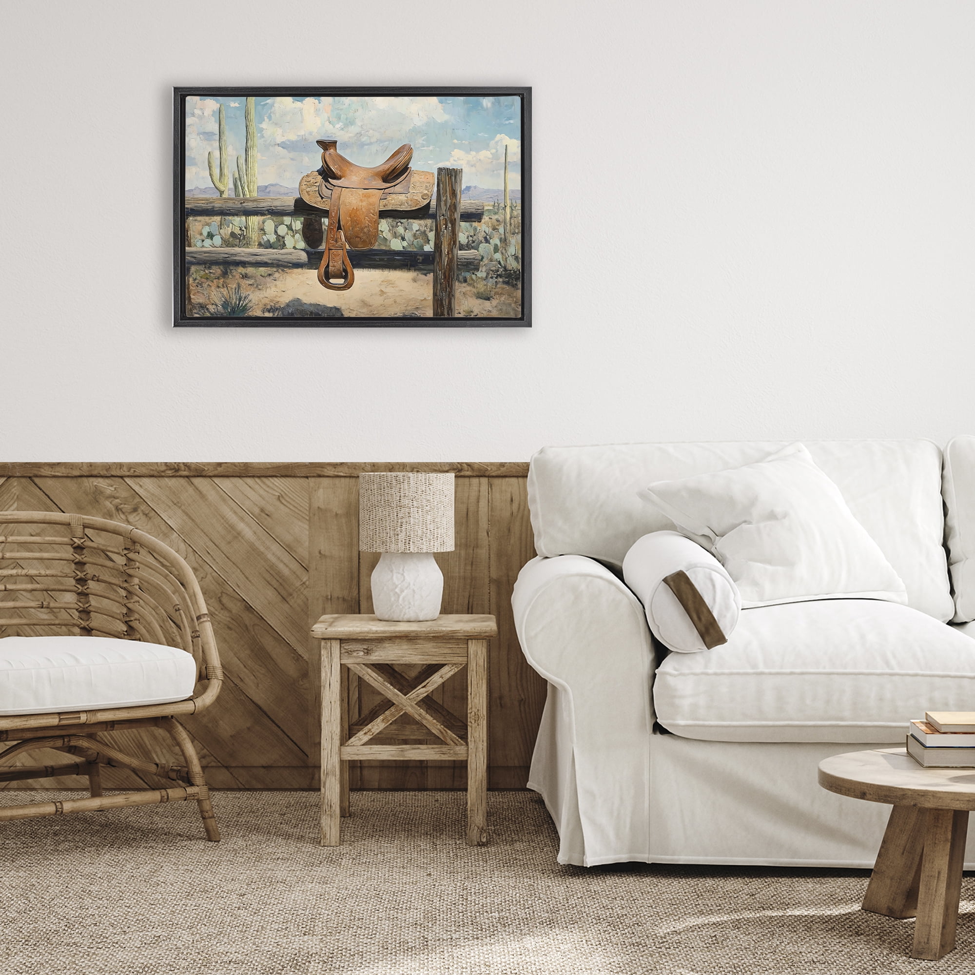 Stupell Industries Saddle on Desert Fence Black Framed Floater Canvas Wall Art, design by Franklyn Gregory