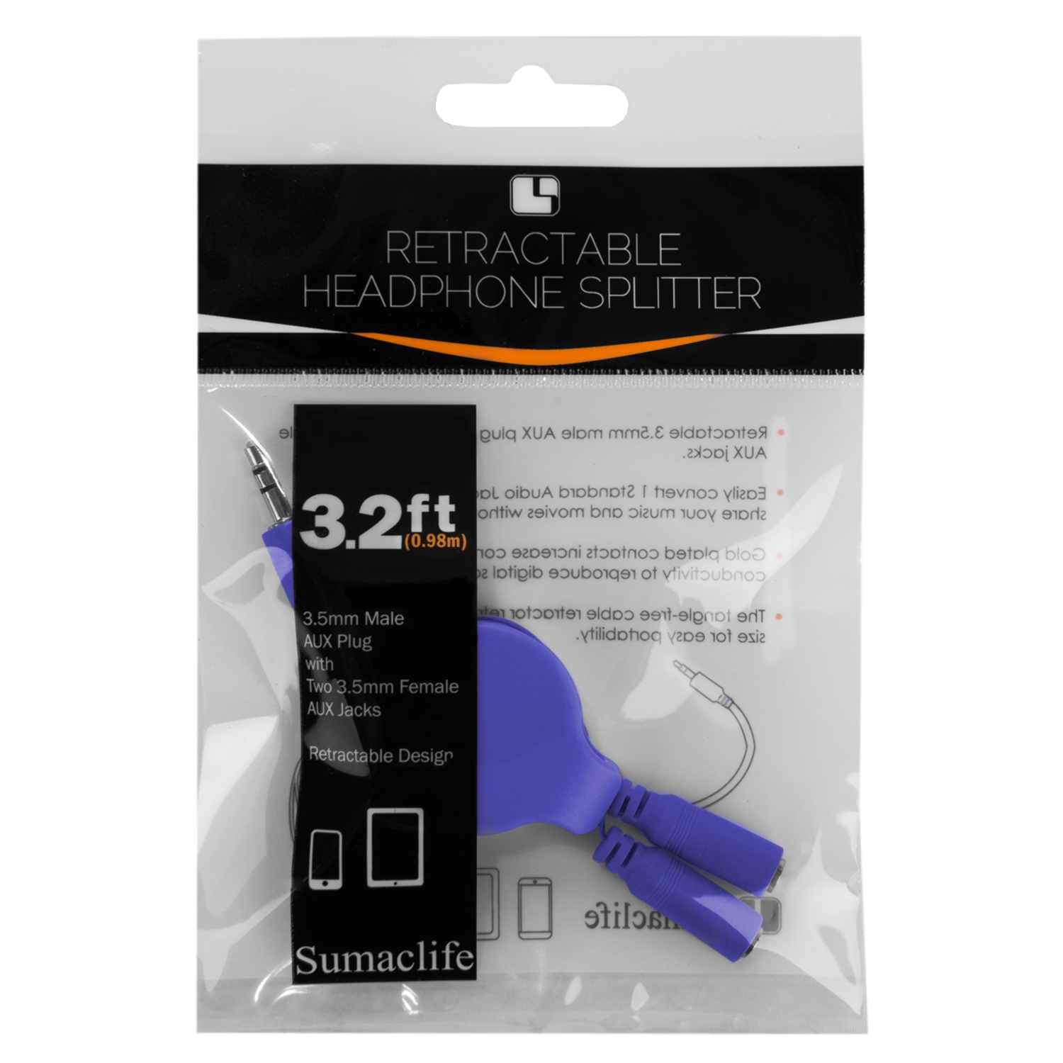 2-Pack Retractable 3.5mm Headphone Splitter – 3.2ft Male to Dual Female Audio Y Cable – Tangle-Free, Portable, Universal Compatibility