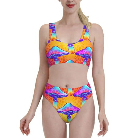 Bixox Magic Mushrooms Pattern Two-Piece Sports Bikini with U-Shaped Top and High-Waist Bottom - Women s Swimwear with Removable Bra Pads