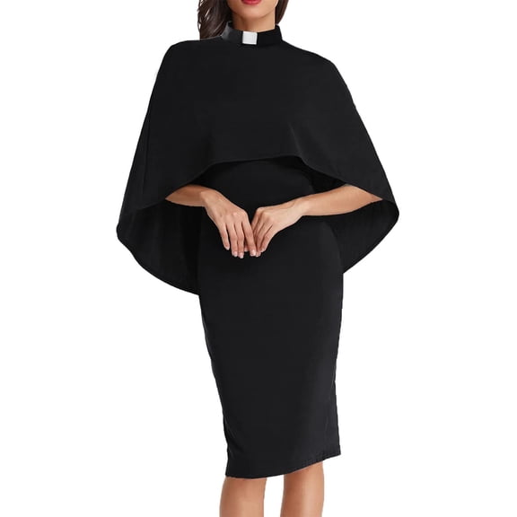 Afinprain Womens Clergy Dress Batwing Cape Pastor Black Church Dress with Tab Collar