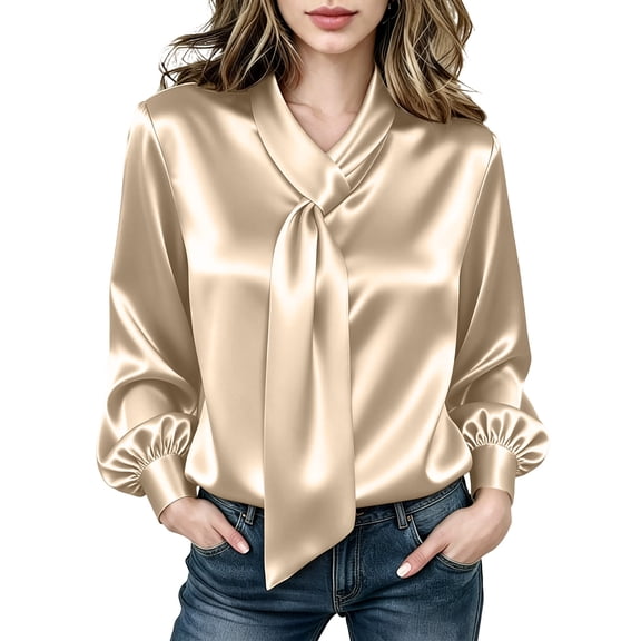 APEXFWDT Women's Long Sleeve Satin Dress Shirt Elegant Bow Tie Blouse Work Business Casual Office Shirt,S,Gold