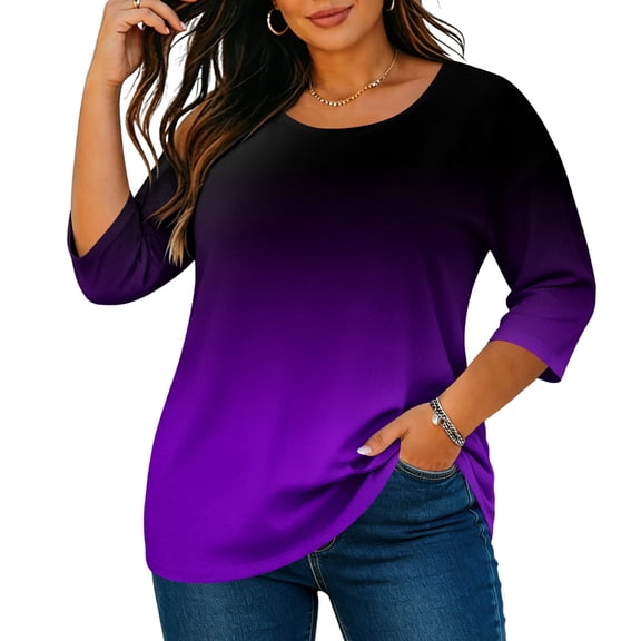 thefmos Women Plus Size Fall Winter Round Neck 3/4 Sleeve Gradient Casual Loose Tshirt Pullover Tops for Women Cute Trendy Comfy Oversized Tee Blouses Daily Wear Work Outfits, Purple 2XL