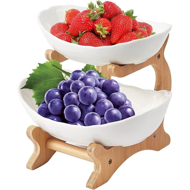 Tazón de frutas Cuencos de cerámica ovalados con estante de madera Bandeja de servicio atada Soporte de exhibición de alimentos Cuenco para mostrador de cocina, hogar, fiestas (2 niveles)