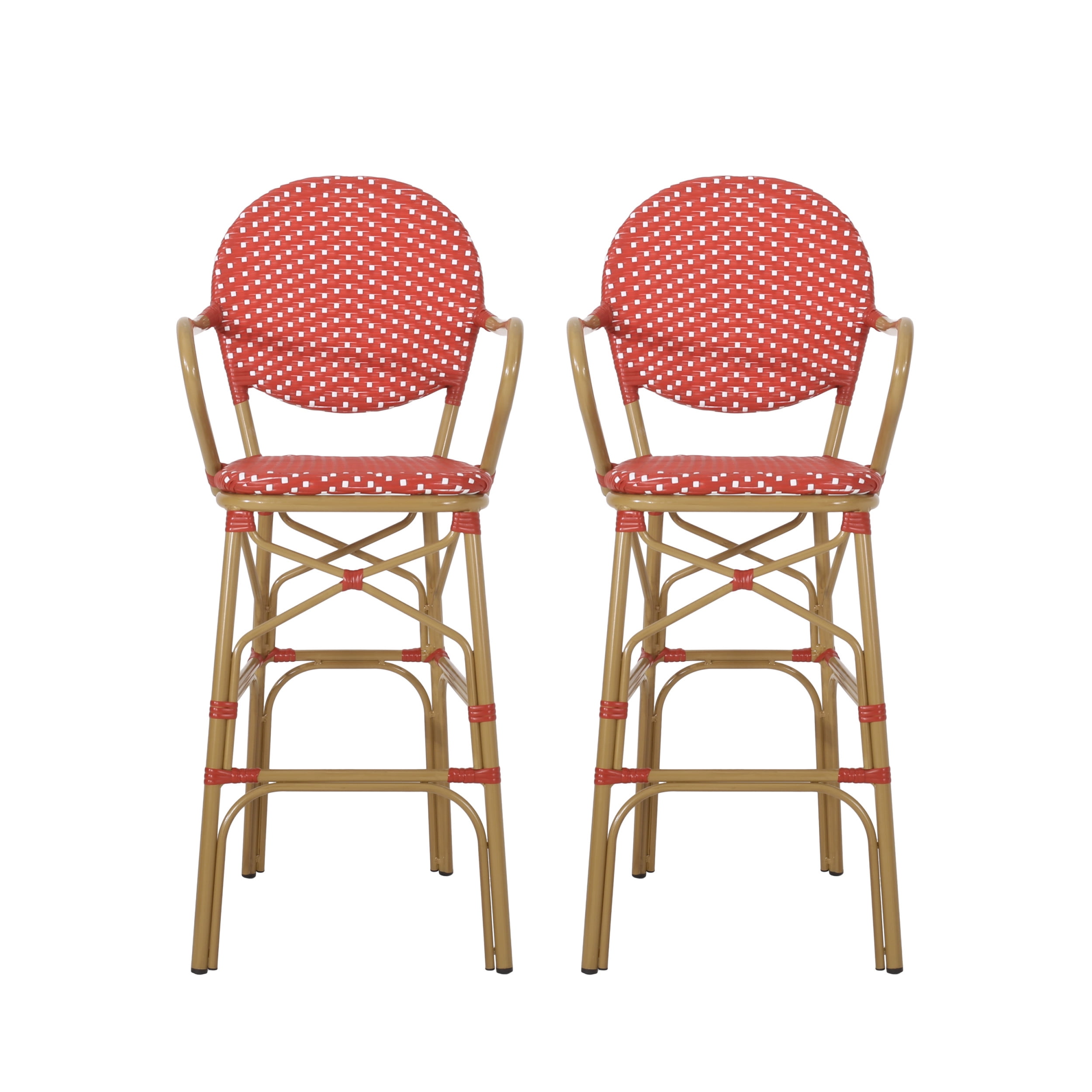 (2 pack) Wicker and Aluminum Outdoor 29.5 Inch French Barstools (Set of 2), Red, White, and Bamboo Print Finish