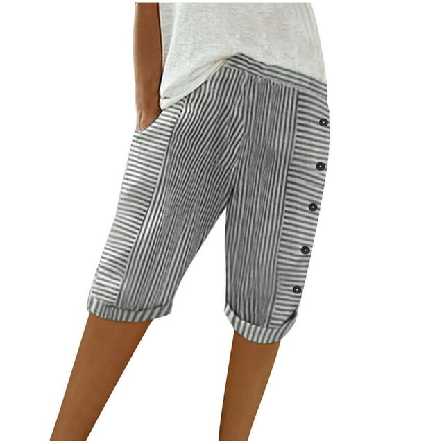 Birdeem Capris Décontractés pour Femmes d'Été Tissés à Rayures Patchwork à Boutons Amples en Coton et Lin