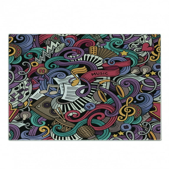 Hipster Cutting Board, Music Themed Hand Drawn Abstract Instruments Microphone Drums Keyboard Stradivarius, Decorative Tempered Glass Cutting and Serving Board, Small Size, Multicolor, by Ambesonne