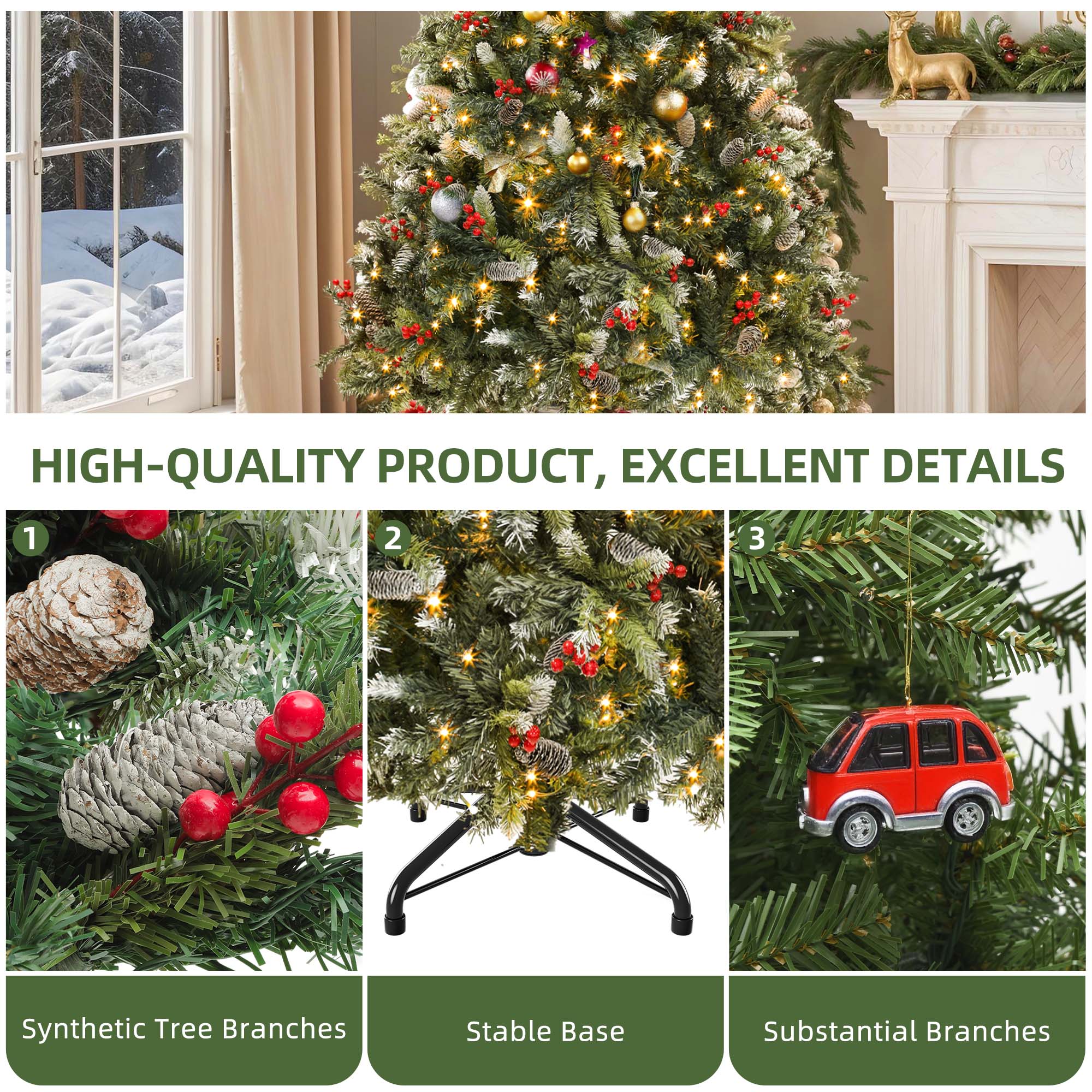 Uforic 7.5 ft Prelit Flocked Pine Artificial Christmas Tree with 1398 Tips & 550 Lights, Remote Control, Green