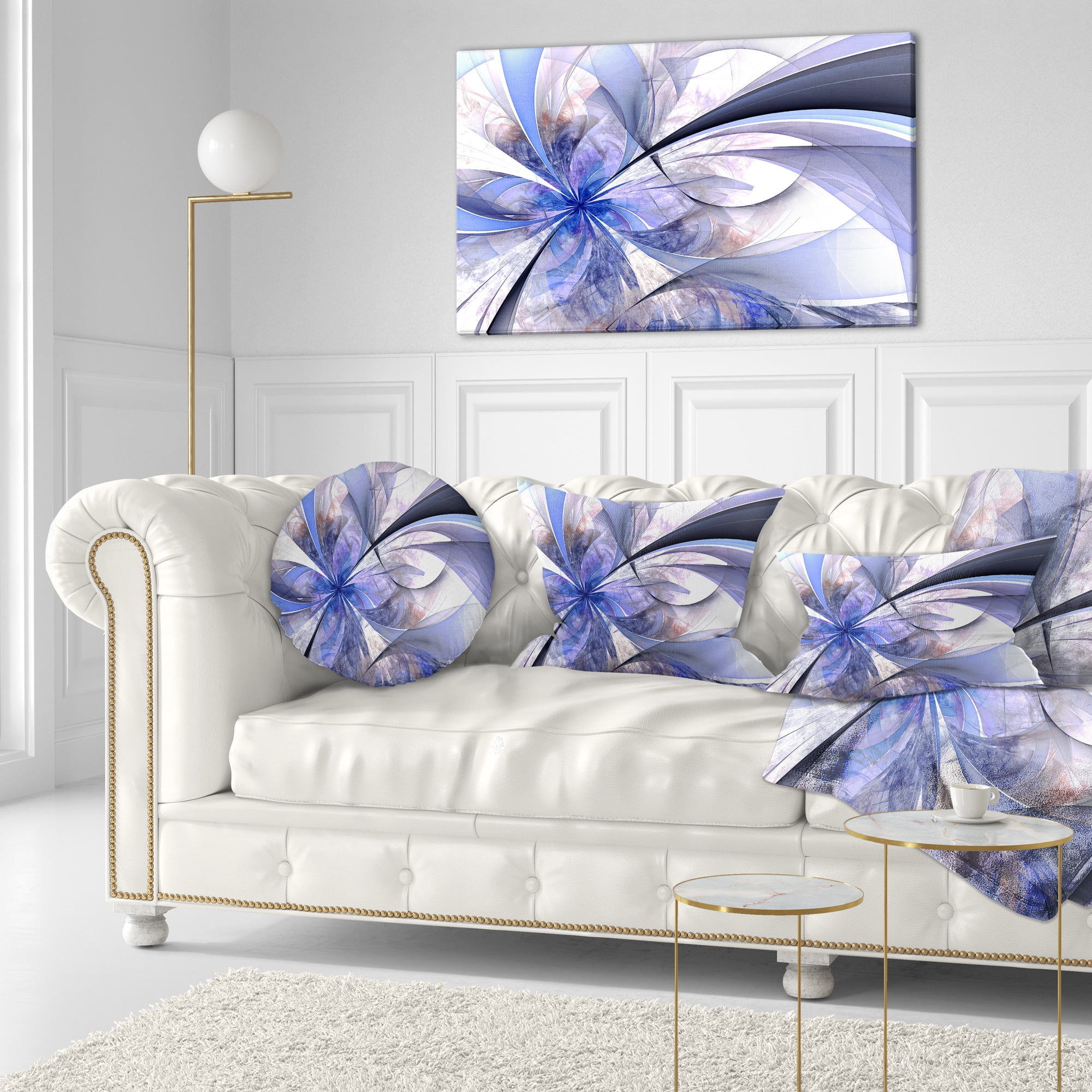 Designart Blue Fractal Flower Design in White - Floral Throw Pillow - 12x20
