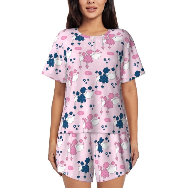 Fotbe Cartoon Poodle Dog Conjunto de Pijama Estampado para Mujer, 2 Piezas, Ropa de Dormir con Camiseta de Manga Corta y Shorts Suaves-4X-Large