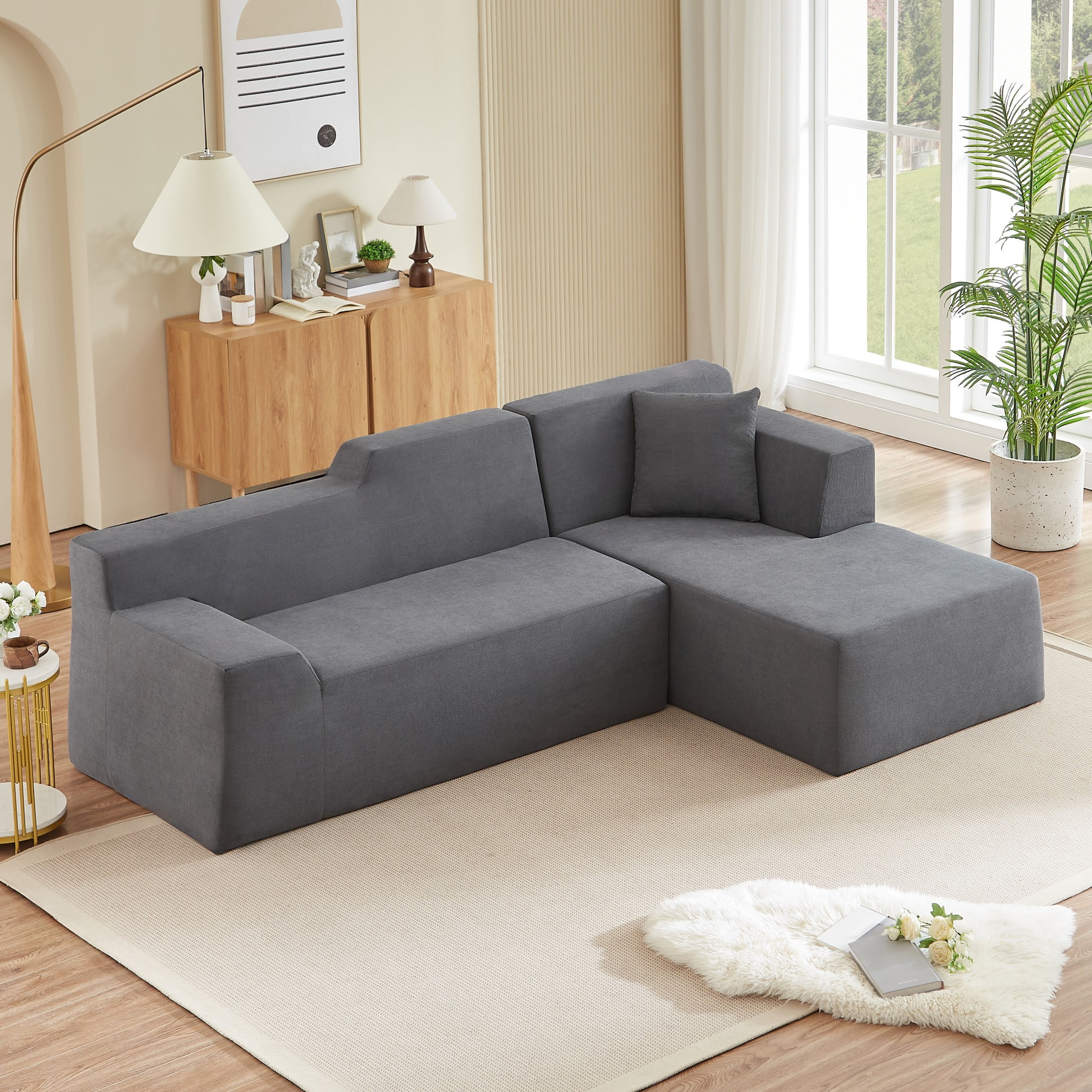 Aukfa 96" Modular Sectional Sofa, L-Shaped Cloud Couch with Right Facing Chaise, Corduroy 3-Seat Memory Foam Sofa for Living Room, Gray