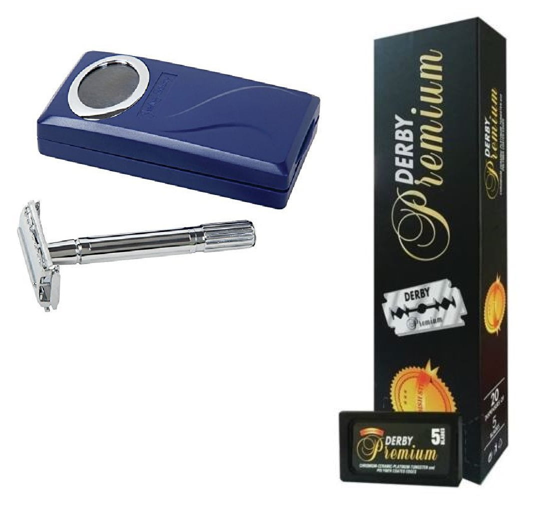 Shaving Factory Double Edge Razor + Derby Premium Super Stainless Double Edge Razor Blades, 100 Count + FREE Eyebrow Trimmer