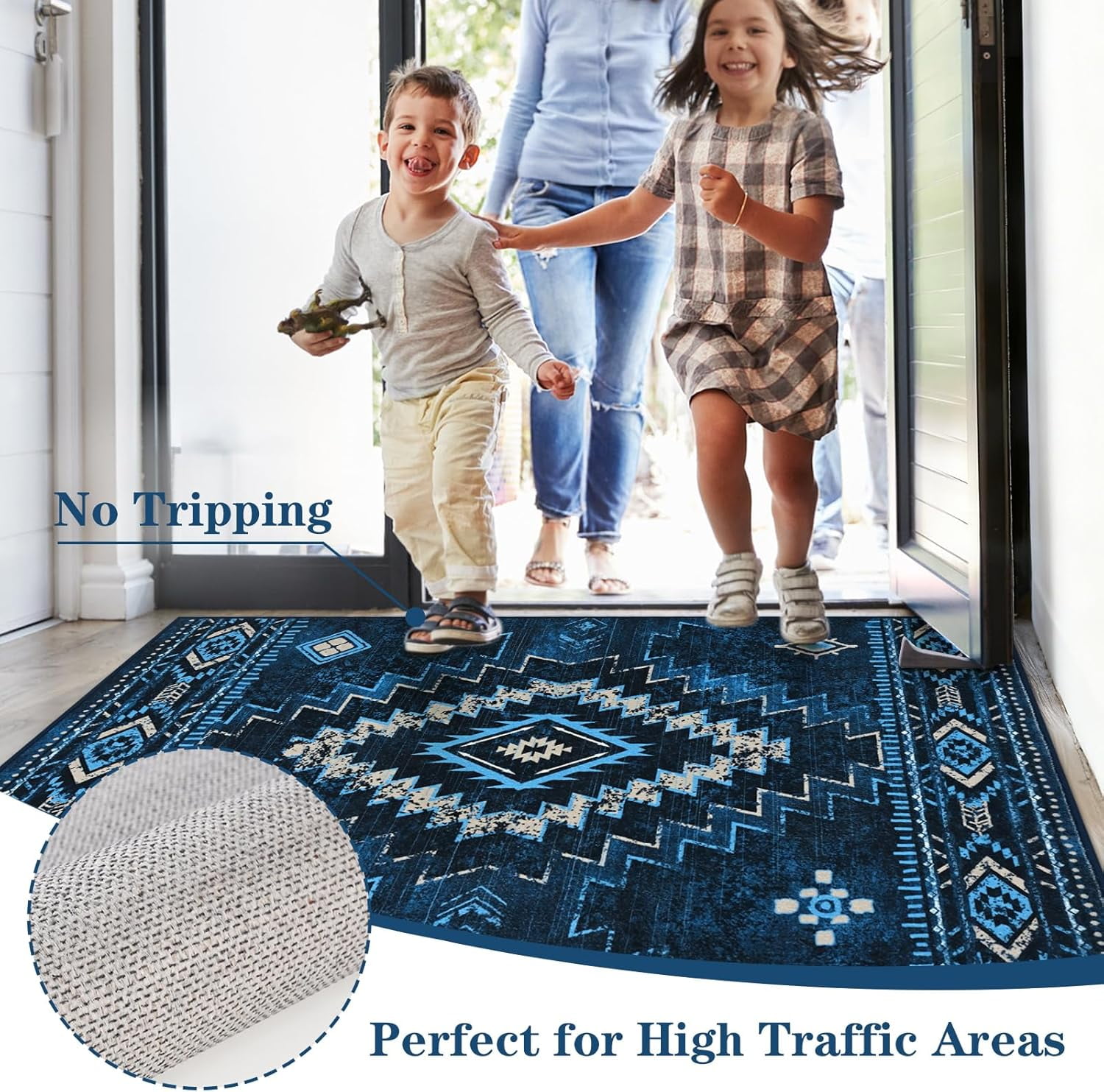 Bleum Cade Moroccan Bathroom Rug,Western Washable 2x3 Small Bath Mat, Boho Tribal Soft Non-Slip Geometric Entry Way Rug, Low-Pile Indoor Carpet for Bedside Entrance Laundry,Blue