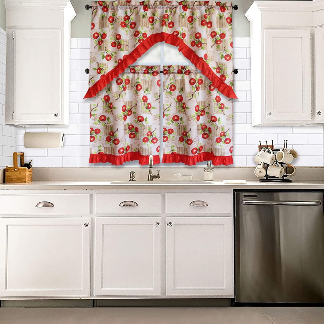 3 PC Kitchen Curtain Swag Set, Fruit Floral Rooster Printed Design Window Panels - Picture 17 of 62