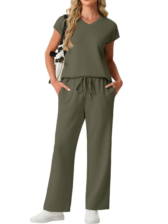 Two Piece Sets for Women Summer Casual Vacation Outfits Cap Sleeve Wide Leg Long Pants Lounge Sets