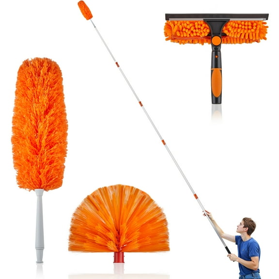24ft Extendable Duster Kit - 3-Piece High Reach Cleaning Set with Cobweb Brush, Microfiber & Chenille Heads for Ceiling Fan, Windows (Aluminum Pole)