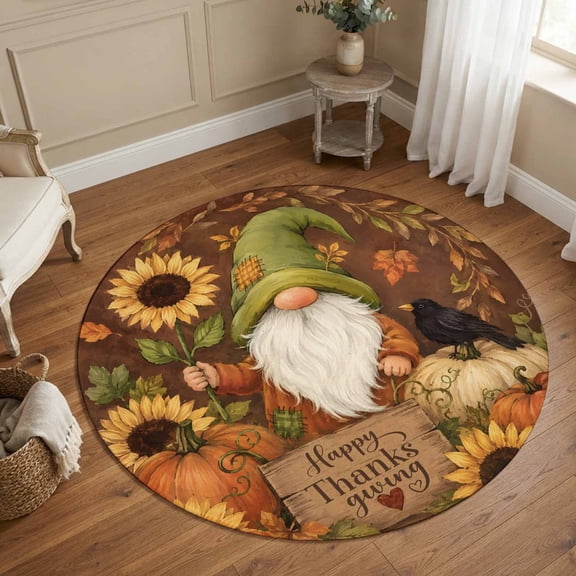 Small Round Rug 3Ft, Gnomes Fall Non-Slip Washable Circle Rugs Carpet, Thanksgiving Pumpkins Sunflowers Botanical Indoor Outdoor Rug Floor Mats Throw Runner for Bedroom Living Room Bathroom