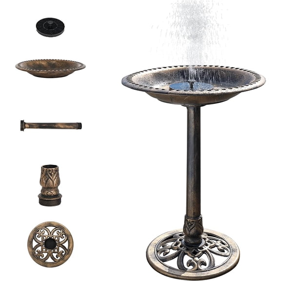 28 Inch Bird Bath with Solar Fountain Antique Copper Weather Resistant Resin Pedestal Birdbaths Floral Accents and Vintage Finish Garden Decor for Outdoor Lightweight Courtyard