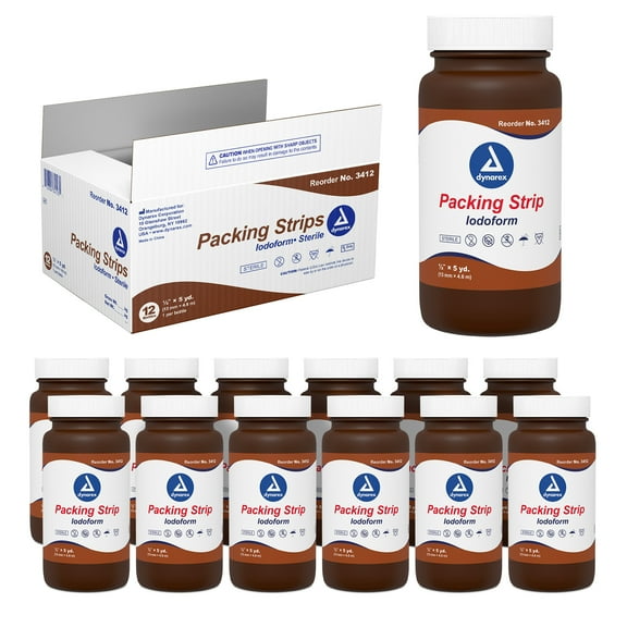 Dynarex Iodoform Packing Strip, Sterile Wound Care, 100% Cotton Woven Medical Packing Strip, Soft & Absorbent, 1/2” x 5 yd., 1 Case of 12 Packing Strip in Jars