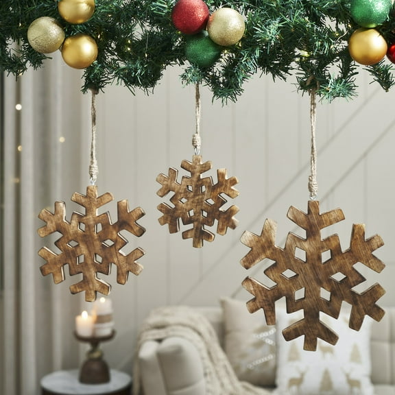 VHC Brands Distressed Dark Wooden Snowflake Ornament Set of 3 - 5.75/7.75/9.75 inch