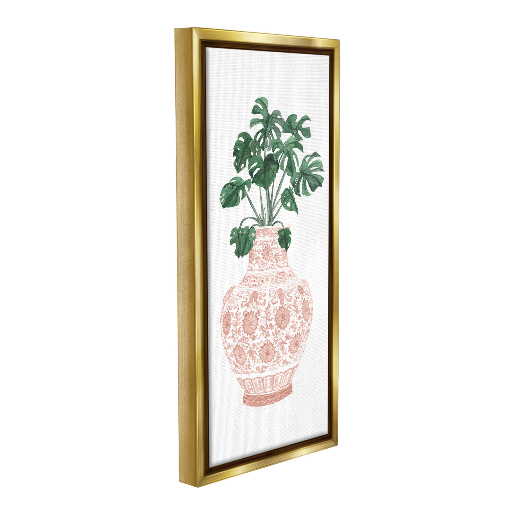Stupell Industries Monstera with Ornate Vase Botanical & Floral Painting Gold Floater Framed Canvas Art Print Wall Art, 14 x 31