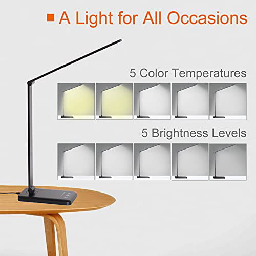 LED Desk Lamp with Wireless Charger,Eye-Caring Table Lamps,Stepless Dimmable Office Lamp with USB Charging Port,Touch/Memory/Timer Function,25 Brightness Lighting,Foldable Lamp,Himigo 