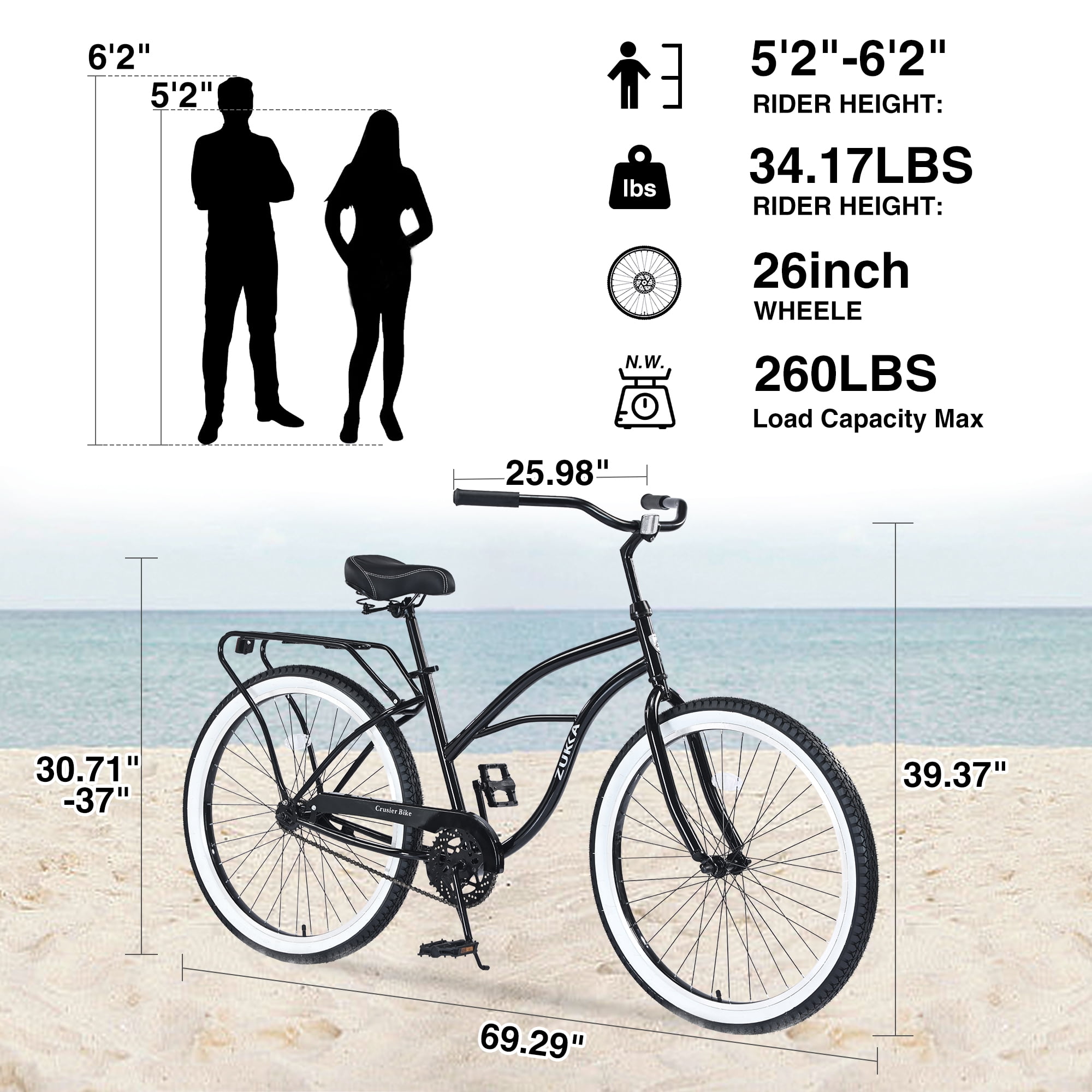 Aukfa 26" Cruiser Bike, Single Speed Bicycle Hybrid Bikes for Women Girls Ladies,Black