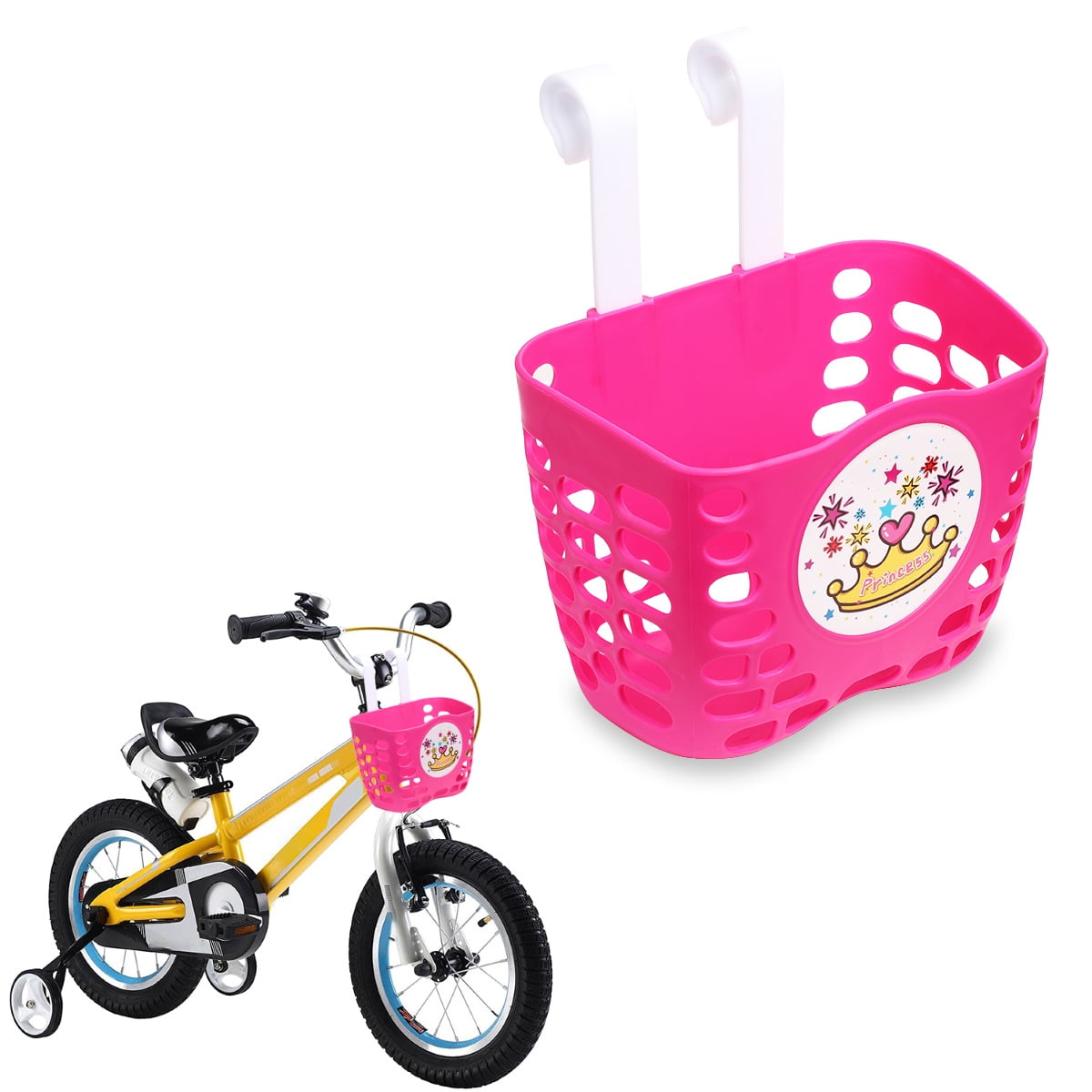 MINI-FACTORY Kids Bike Basket Pink Cute Princess Crown/Butterflies Pattern Bicycle Front Handlebar Basket for Kid Girls 
