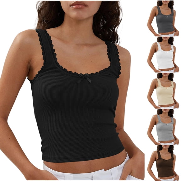 YHAJDS Womens Camisole Slim Cami Shirts Solid Color Round Neck Lace Sleeveless Casual Cami