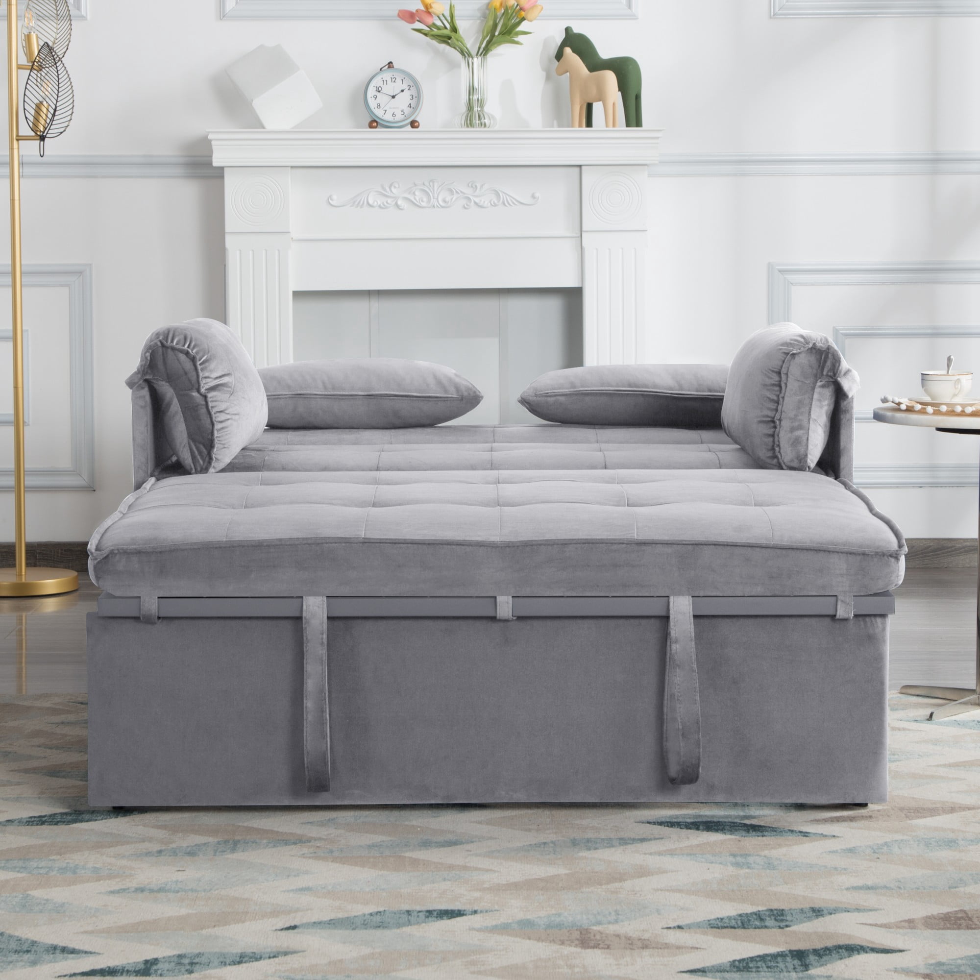 BSHTI 46" Velvet Pull-Out Sleeper Sofa Bed with Adjustable Back, 2 Pillows, Metal Frame for Living Room/Bedroom（Grey）