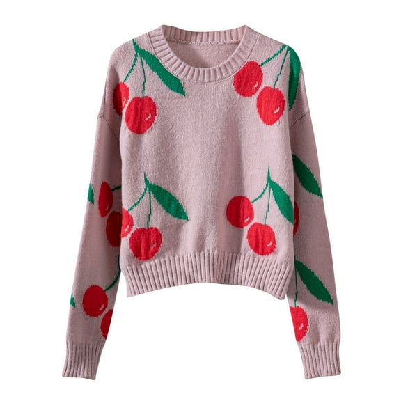 Fengactive Women's Cute Cherry Sweaters Crewneck Long Sleeves Fall Winter Warm Knit Pullover Sweater Tops