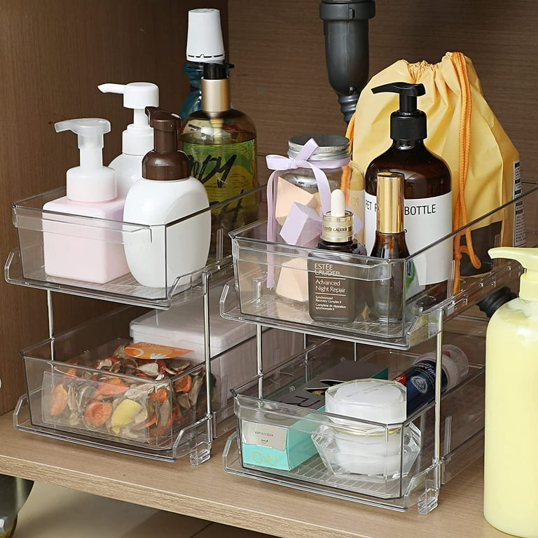 MHHA 2 Sets of 2-Tier Clear Under Bathroom Sink Organizers and Storage,  Medicine Cabinet Organizer with Dividers, Pull Out Kitchen Pantry Shelf