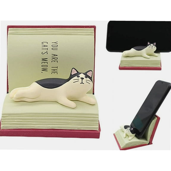 Desk Cell Phone Holder Stand Cute Relaxed Cat on Book for Office Free You Hands Home Ornament